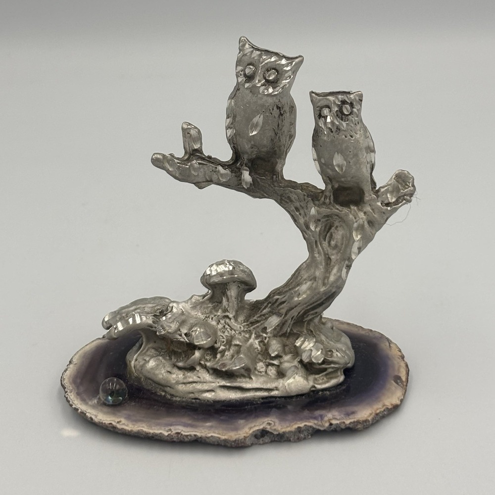 Vintage Pewter Owls On Branch with Mushrooms Figure on Purple Agate - Picture 3 of 16